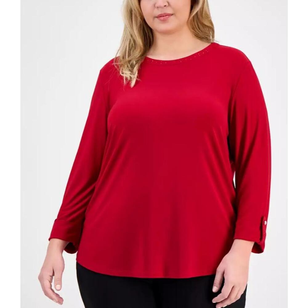 Anne Klein Women’s 3/4-Sleeve Roll-Tab Crewneck Top Fire Red Petite Size PXL